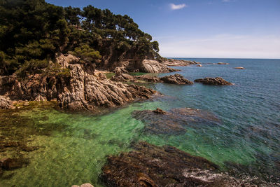 Scenic view of sea by cliff against sky