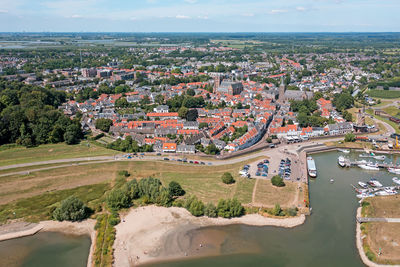 Aerial from the medieval town wijk bij duurstede at the river lek in the netherlands