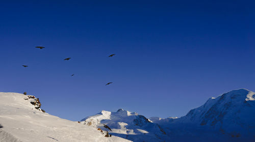 Snow covered landscape against clear blue sky