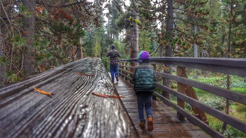 People walking on footbridge in forest