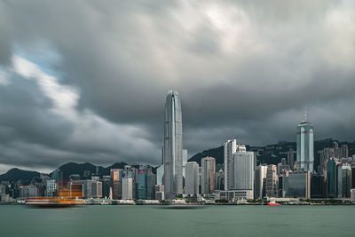 Modern buildings in city against cloudy sky