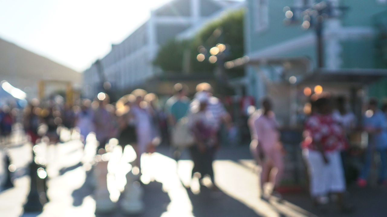 DEFOCUSED IMAGE OF PEOPLE WALKING ON ROAD IN CITY