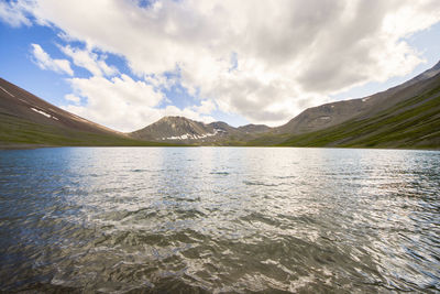 Alpine mountain lake landscape, colorful nature view, georgian lake, travel destination