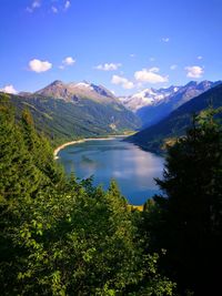 Scenic view of lake and mountains against sky