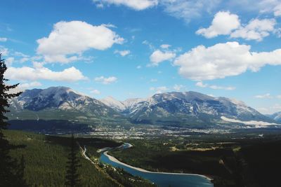 Scenic view of mountains and lake against sky