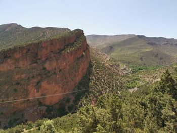 Scenic view of land and mountains against clear sky