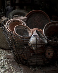 Close-up of old rusty metal in field