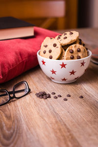 High angle view of cookies on table