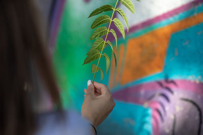 Cropped image of woman holding leaves against graffiti wall