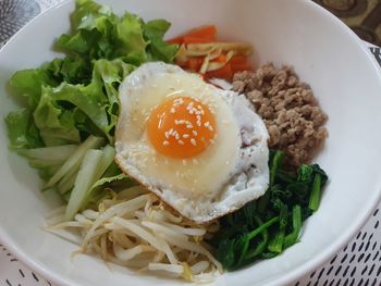 High angle view of breakfast served in plate