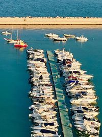 High angle view of boats moored in harbor