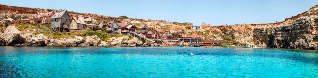 Panorama of popeye village in the sunny day, malta