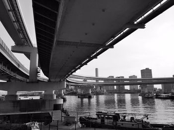 Bridge over river in city against sky
