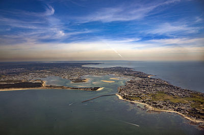 Aerial view of sea against sky during sunset