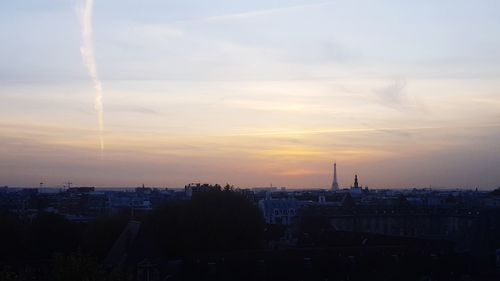 High angle view of city during sunset
