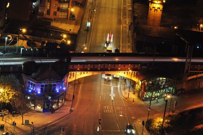 High angle view of city street at night