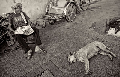 Man with dog relaxing on footpath in city