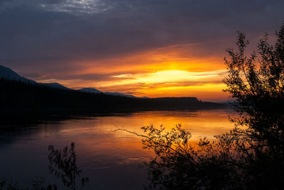 Scenic view of lake against orange sky