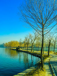 Scenic view of lake against clear blue sky