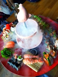 High angle view of breakfast in plate on table