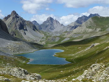 Scenic view of mountains and lake against sky