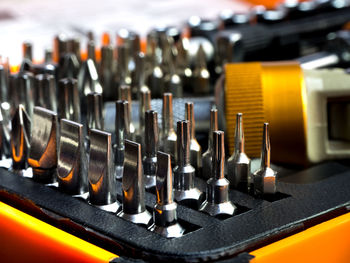 Close-up of machinery on table