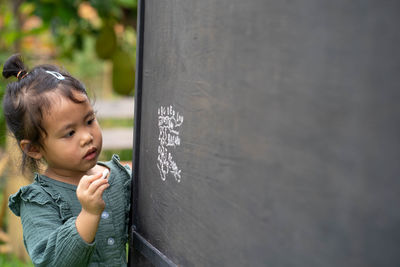 Portrait of cute girl writing alphabet on blackboard
