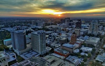 High angle view of cityscape at sunset