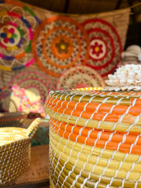 Close-up of multi colored basket on table