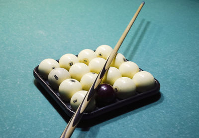 High angle view of snooker balls on table