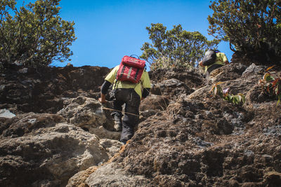 Low angle view of umbrella on rock against sky