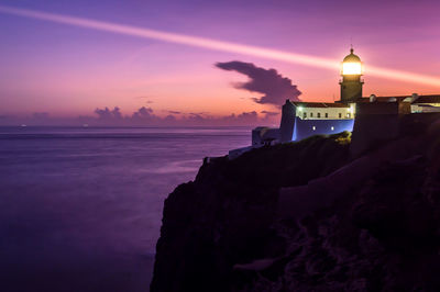 Scenic view of sea and buildings against sky during sunset