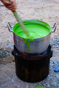 High angle view of person preparing food