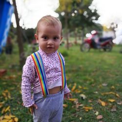 Portrait of cute boy standing in grass