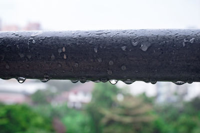 Close-up of raindrops on metal during rainy season