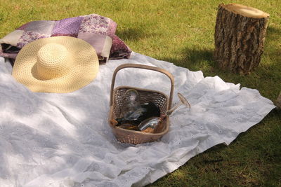 High angle view of wineglasses by hat on fabric at park