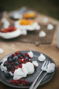 High angle view of dessert in plate on table