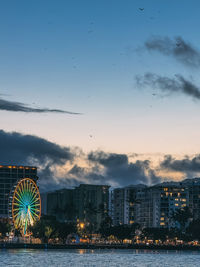 A city skyline with a ferris wheel in the background. the sky is cloudy and the sun is setting