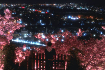 Woman standing by firework display at night