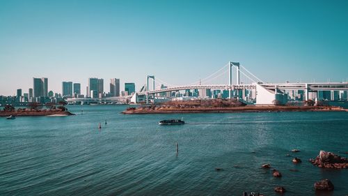 View of suspension bridge in city