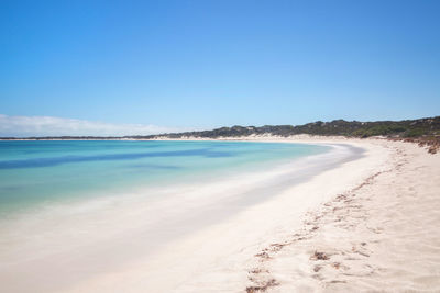 Scenic view of beach against clear blue sky