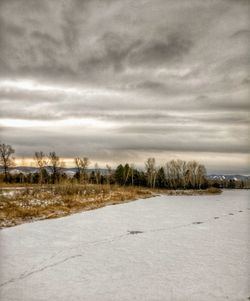 Scenic view of field against sky during winter