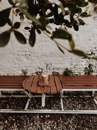 High angle view of empty bench
