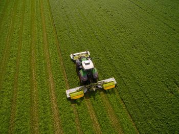 High angle view of tractor on field