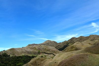 Low angle view of mountain against blue sky