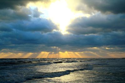 Scenic view of sea against cloudy sky during sunset