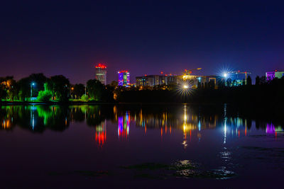 View of city lit up at night