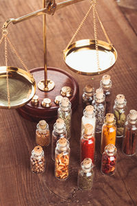 High angle view of illuminated lanterns hanging on table