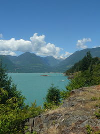 Scenic view of lake and mountains against sky