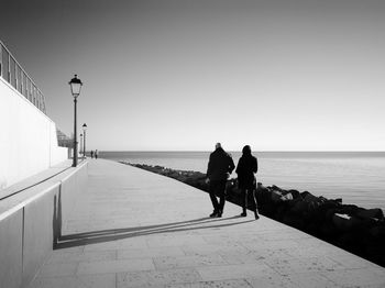 Rear view of people walking by sea on promenade